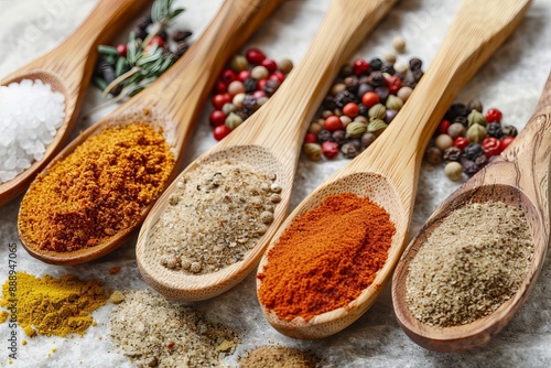 Fototapeta Naklejka Na Ścianę i Meble -  Wooden spoons filled with spices and herbs on a light gray surface