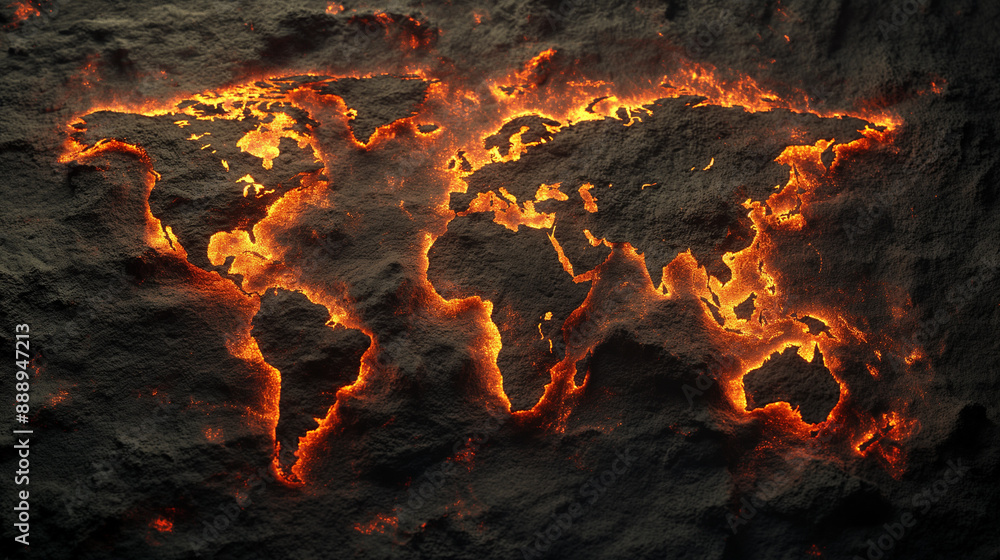 Dark world wide map made of hot lava highlighting with flames and fire all earth continents Dark world wide map made of hot lava highlighting with flames and fire all earth continents