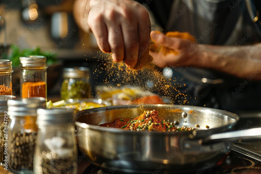 Chef seasoning dish with spices in kitchen Chef seasoning dish with spices in kitchen
