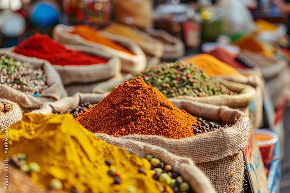 Fototapeta premium Colorful spices displayed in burlap sacks at an indian market