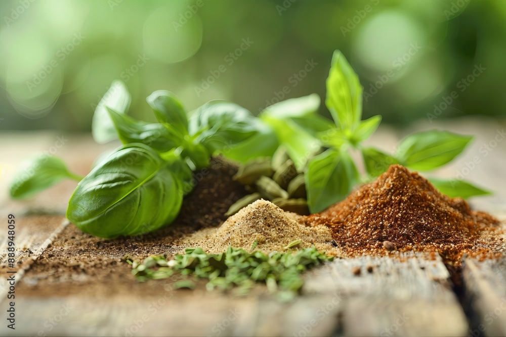 Fresh basil and assorted spices on wooden surface Fresh basil and assorted spices on wooden surface