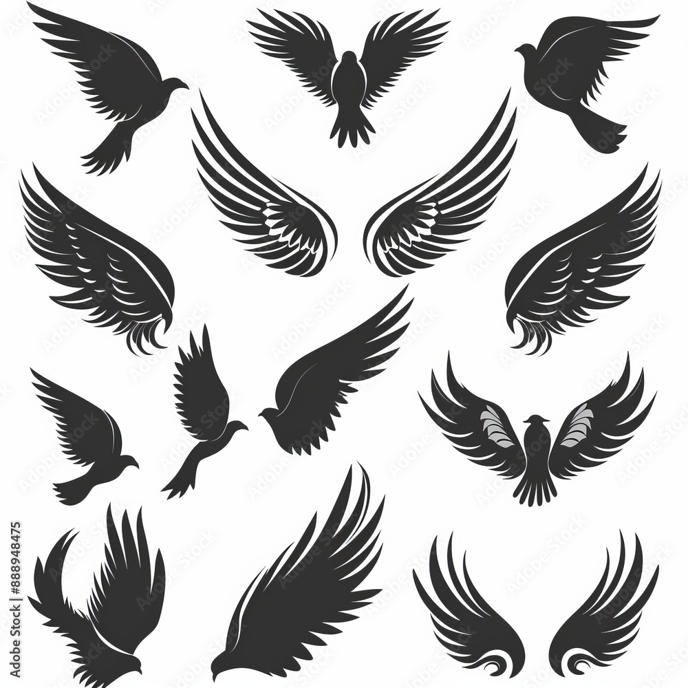 Wings flat icon, angel wings emblem, bird feathers minimal silhouette, pigeon sign, spirituality symbol Wings flat icon, angel wings emblem, bird feathers minimal silhouette, pigeon sign, spirituality symbol