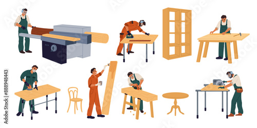 Cartoon carpenters with timber. Professional woodworker planing logs. Man sawing and measuring planks. Furniture manufacture processing. Table or cabinet assembly. Garish vector set