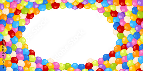 Cartoon balls background. Round multicolored chewing gum. Kids entertainment area elements. Children border. Plastic spheres. Sweets and candies heap. Gumball dragee. Recent vector frame