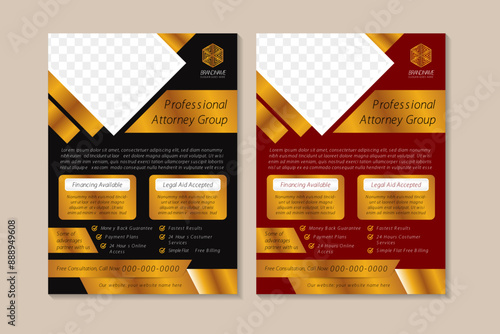 Law firm flyer template. professional attorney group and Consultancy poster. Legal leaflet design in vertical layout. diagonal space for photo. luxury style with combination gold, black and red colors