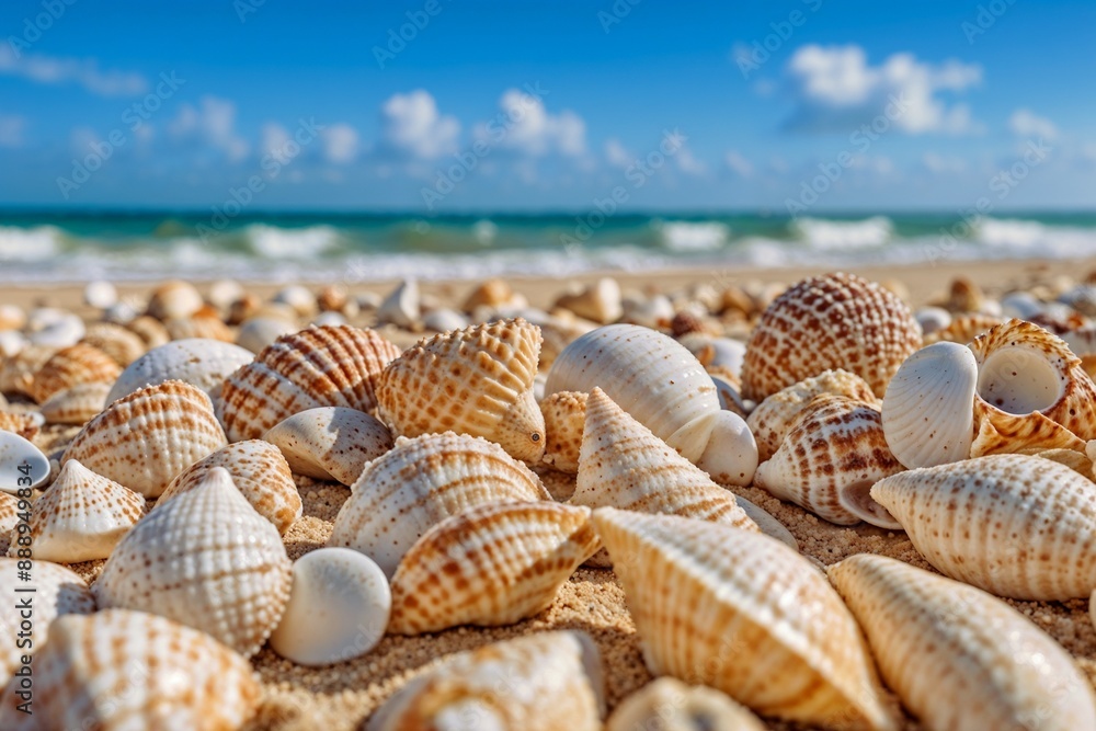 A closeup of various seashells scattered on a sandy beach, with the ocean out of focus in the background. A closeup of various seashells scattered on a sandy beach, with the ocean out of focus in the background.