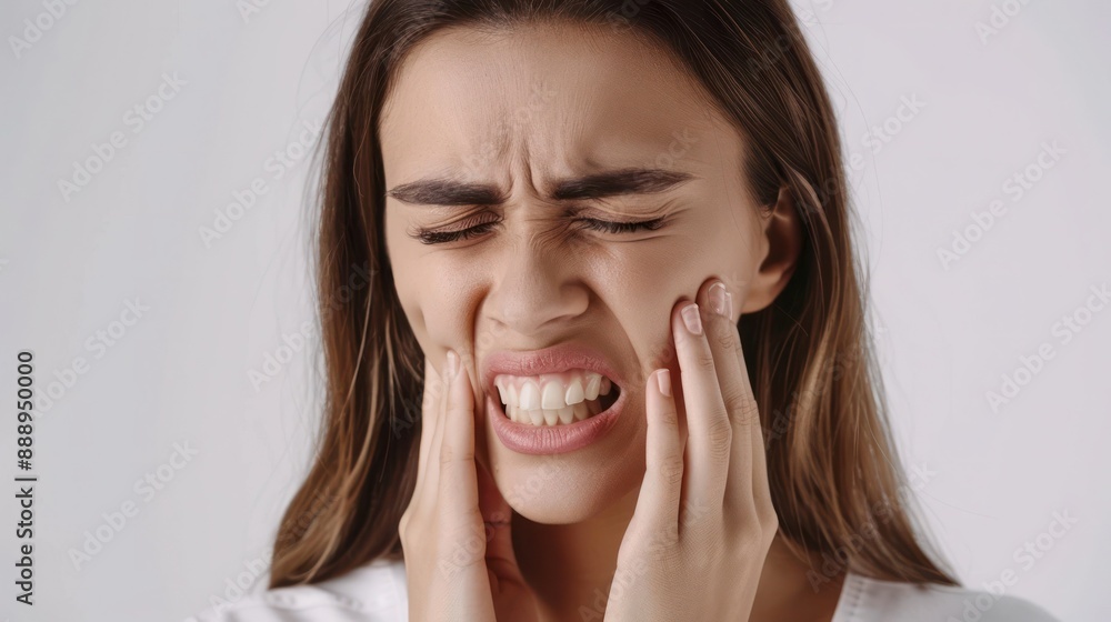 Close up of woman has a toothache, touches her teeth and frowns from painful discomfort, stands over white background. Close up of woman has a toothache, touches her teeth and frowns from painful discomfort, stands over white background.