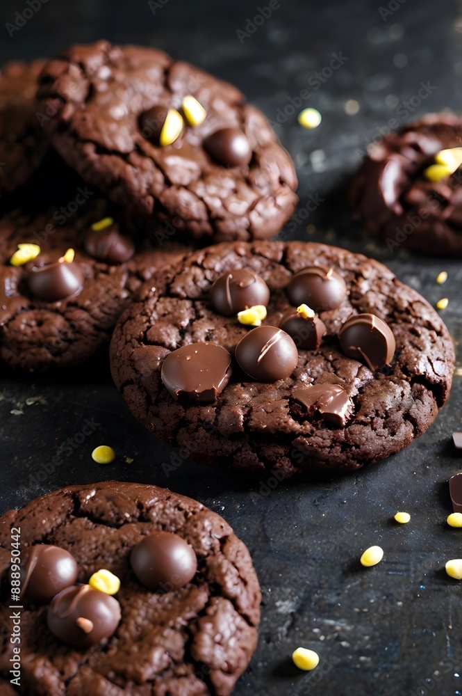 Crunchy brown chocolate chip cookies or fresh chocolatey flavour tasty biscuits, crispy rusk sweet snack Crunchy brown chocolate chip cookies or fresh chocolatey flavour tasty biscuits, crispy rusk sweet snack