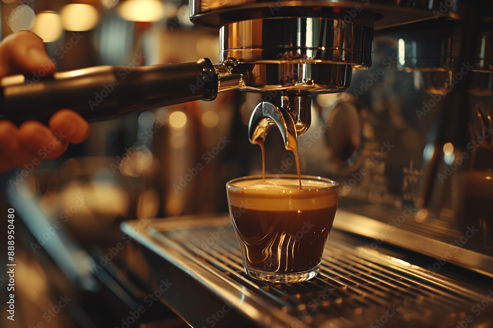 A barista's hands expertly make an espresso with a modern and beautiful coffee machine A barista's hands expertly make an espresso with a modern and beautiful coffee machine