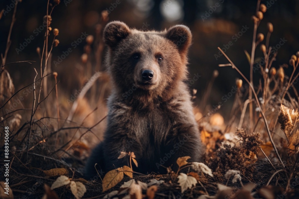 Obraz premium A cute little bear cub sitting among the autumn yellow foliage. Animal hunting. Poaching.