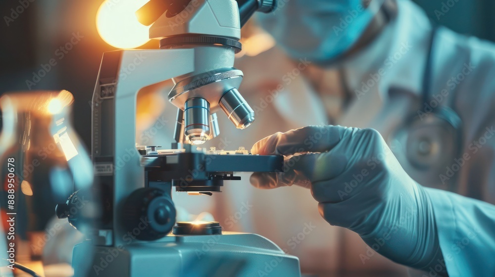 Scientist watching sample test with microscope and lecture. Scientist watching sample test with microscope and lecture.