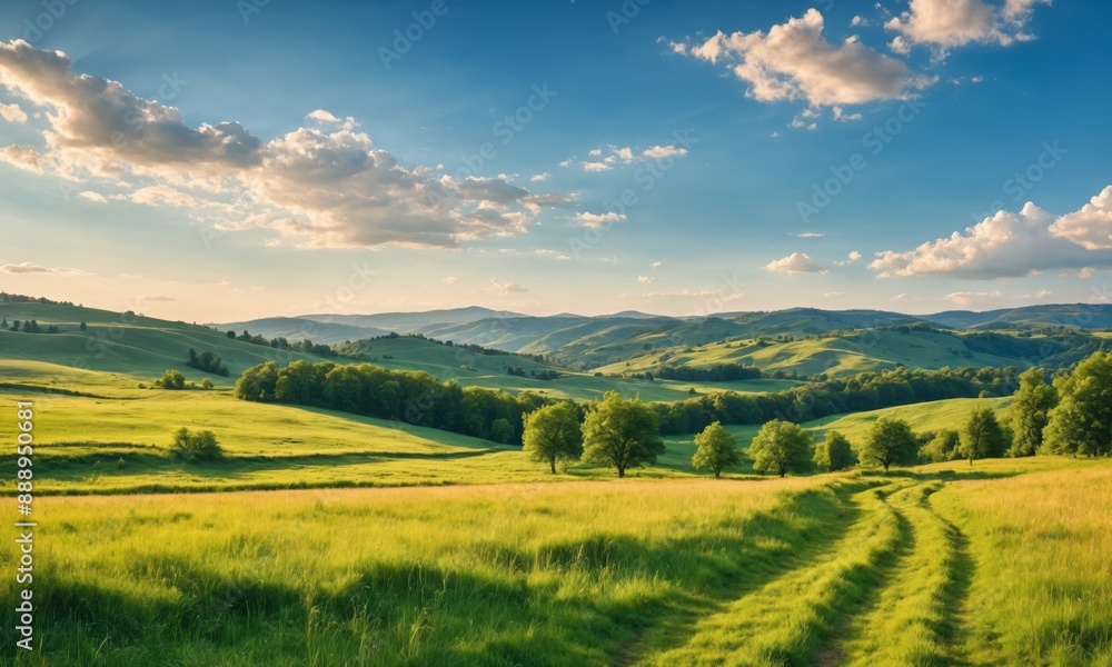 Fototapeta premium Green rolling hills with a dirt path leading through the field