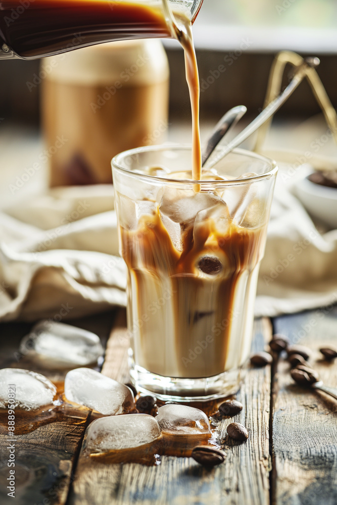 Coffee being poured Into Iced milk on a table Coffee being poured Into Iced milk on a table