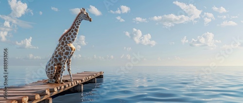 Giraffe Sitting on a Wooden Pier, Looking Out at the Ocean