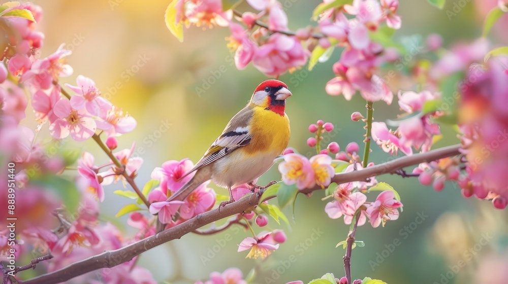 A Colorful Bird Perched on a Branch with Pink Blossoms A Colorful Bird Perched on a Branch with Pink Blossoms
