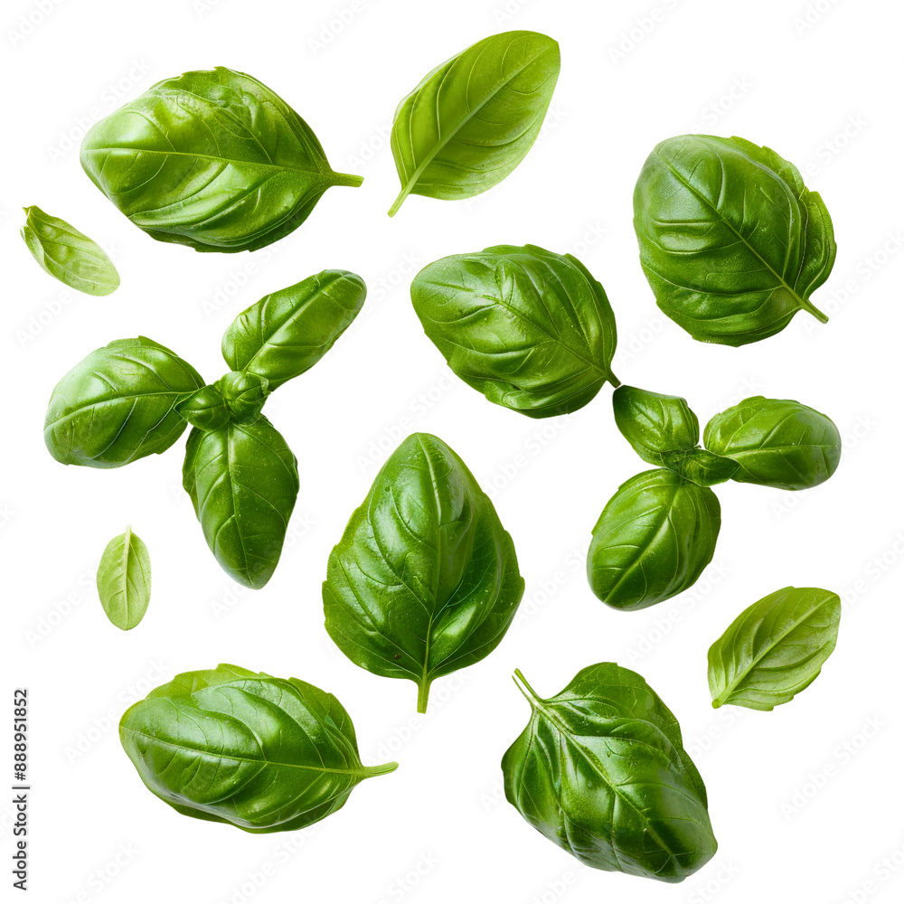 Basil leaves isolated on transparent background. Top view. Flat lay Basil leaves isolated on transparent background. Top view. Flat lay