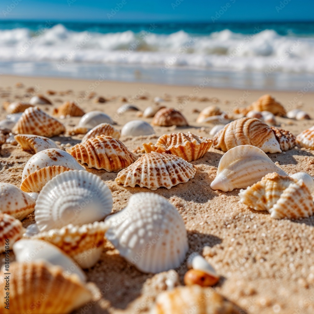 A closeup of various seashells scattered on a sandy beach, with the ocean out of focus in the background. A closeup of various seashells scattered on a sandy beach, with the ocean out of focus in the background.