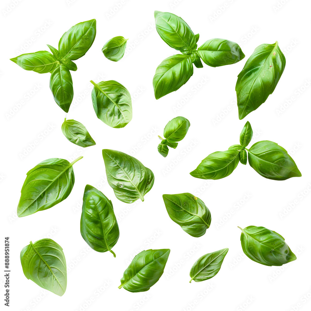 Basil leaves isolated on transparent background. Top view. Flat lay Basil leaves isolated on transparent background. Top view. Flat lay