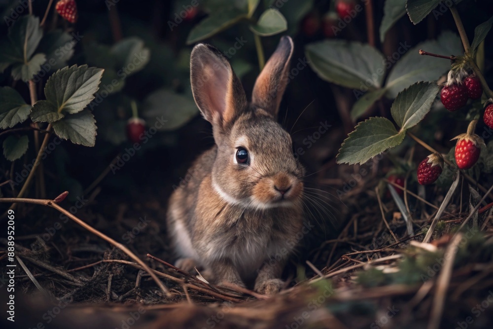 Fototapeta premium A cute gray bunny sitting among the spring foliage and strawberries. Animal hunting. A pest in the garden.