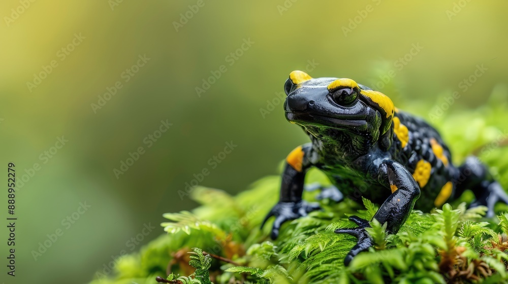 Fototapeta premium Black and Yellow Salamander on Mossy Ground
