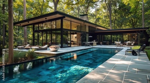 Wallpaper Mural Concept de vacances de luxe. Extérieur d'une grande maison d'architecte design et moderne en bois, des grandes fenêtres et une piscine. Torontodigital.ca