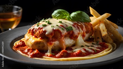 Delicious cheesy baked chicken parmesan with red tomato sauce, herbs & mozzarella cheese on black background, yummy meat parm dish photo