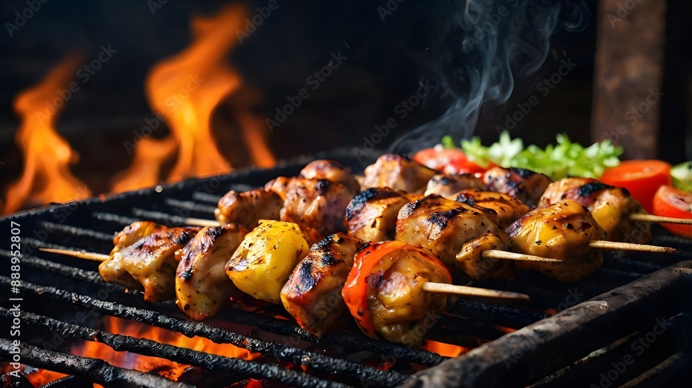 Yummy smoky chicken shish kebab on skewer & grilled cubes of sizzling meat on hot flames with vegetables, delicious barbecue roasted steak food Yummy smoky chicken shish kebab on skewer & grilled cubes of sizzling meat on hot flames with vegetables, delicious barbecue roasted steak food