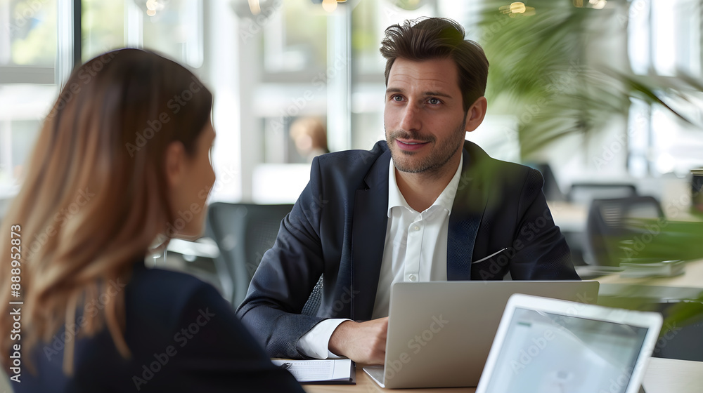 Professional Corporate Consultant Engaging with Client in Modern Stylish Office Setting Professional Corporate Consultant Engaging with Client in Modern Stylish Office Setting