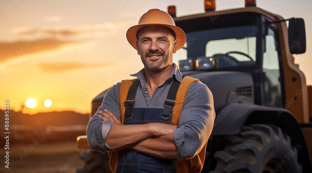 Portrait d'un ouvrier du bâtiment souriant, portant un casque et un uniforme, les bras croisés, au coucher du soleil, engin de chantier en arrière-plan.