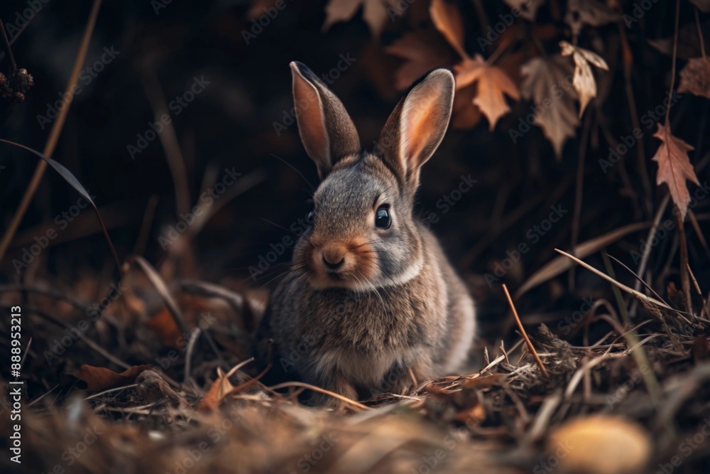 Fototapeta premium A cute gray bunny sitting among the autumn foliage. Animal hunting.