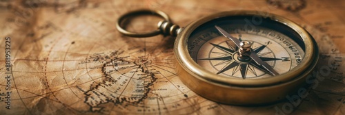 A close-up shot of a vintage brass compass resting on an aged world map, revealing intricate details of the compass needle and the surrounding map