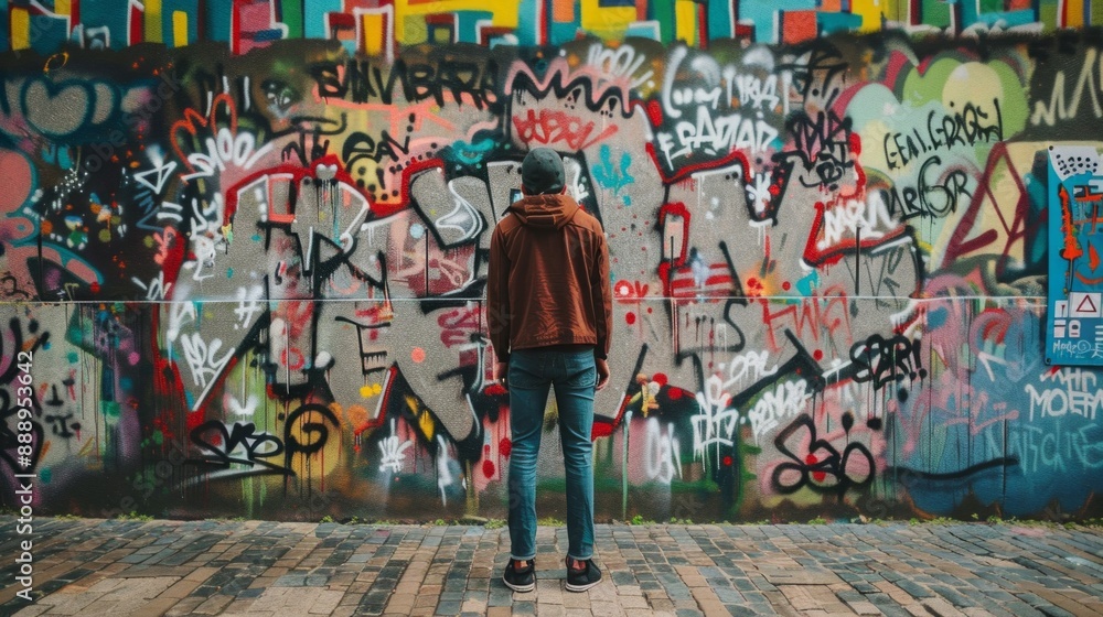 Fototapeta premium A man stands in front of a wall covered in graffiti