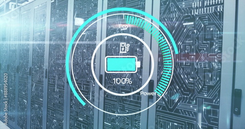 Image of battery charge digital data processing over computer servers