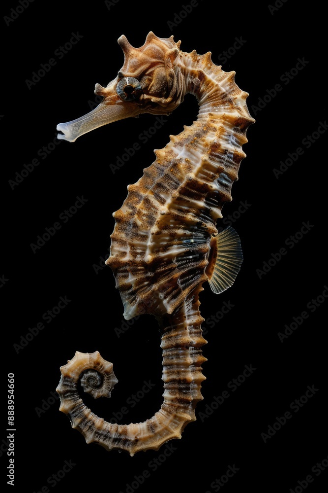 Fototapeta premium Seahorse with Brown and White Stripes on Black Background