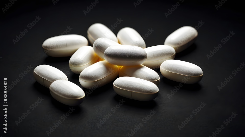 White medicine pill tablets on black background, medical vitamin capsule drugs for healthcare treatment, pain relief pharmaceutical medicine White medicine pill tablets on black background, medical vitamin capsule drugs for healthcare treatment, pain relief pharmaceutical medicine