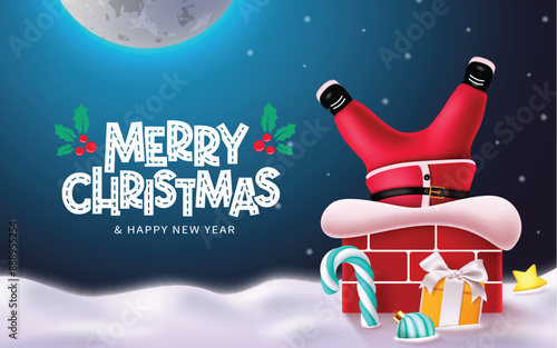 Merry christmas greeting vector design. Christmas funny santa claus kid character inside the chimney rooftop with candy cane, gift box and xmas ball elements in snow night background. Vector 
