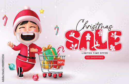 Christmas sale vector banner design. Christmas sale text iwith happy santa claus posing and waiving character for 50% off special promo in snow winter background. Vector illustration holiday season 
