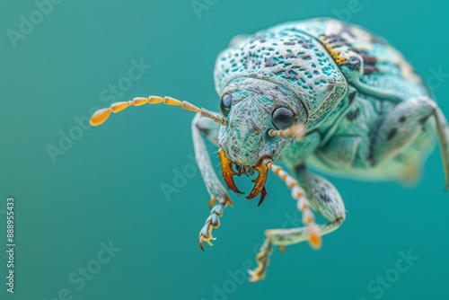 Weevil bouncing on a solid cyan background ar 108 insect, beetle, macro, bug, nature, animal, green, weevil, isolated, white, closeup, close-up, wildlife, black, pest, brown, leaf, small, cockchafer