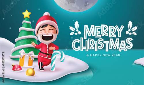 Merry christmas greetings vector banner design. Christmas greeting text with santa claus kid character posing and waiving in snow winter blue background. Vector illustration seasonal card  template 