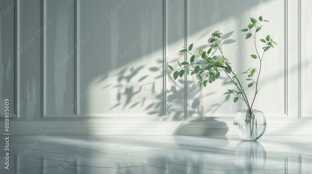 A leafy green plant with a long stem is placed on a grey wall. The plant is surrounded by a grey background, which gives the image a calm and serene atmosphere. The plant's green color A leafy green plant with a long stem is placed on a grey wall. The plant is surrounded by a grey background, which gives the image a calm and serene atmosphere. The plant's green color