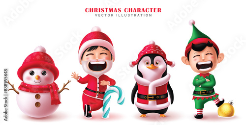 Christmas characters vector set design . Santa claus, snowman, penguin and elf christmas character in happy posing, friendly waiving and cute smiling in white isolated background. Vector illustration 