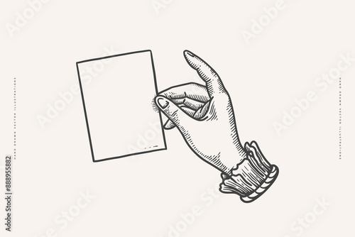 Hand holds a blank sheet of paper in an engraving style. Ancient symbolic drawing on a light background. Vintage illustration for postcard design, book or tattoo template.