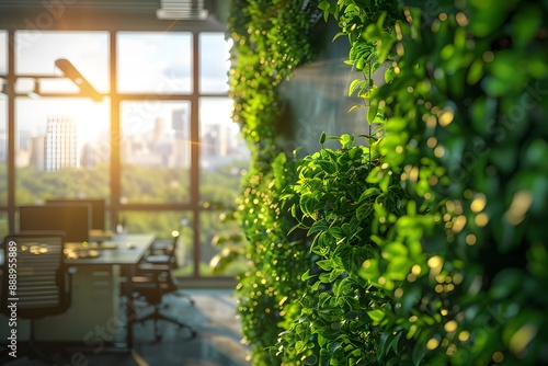 Green plants on the wall in modern office interior with panoramic windows and desks