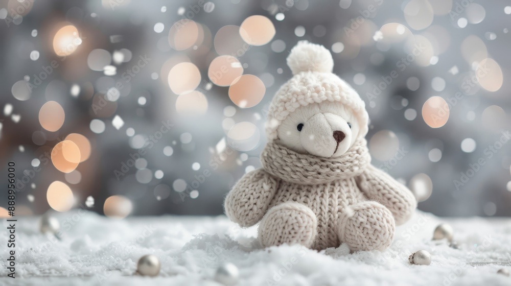 A charming teddy bear art toy with a knitted scarf and hat, surrounded by a winter wonderland with falling snow and sparkling lights A charming teddy bear art toy with a knitted scarf and hat, surrounded by a winter wonderland with falling snow and sparkling lights