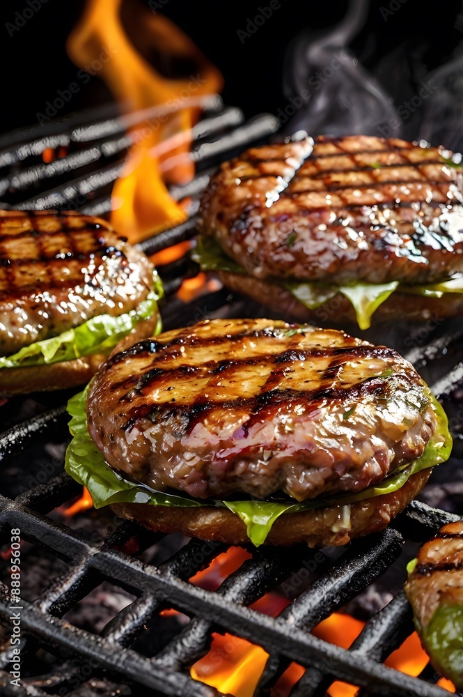 Smoky juicy grilled meat sizzling over hot flames with lettuce leaves, tasty fresh roasted beef patties or delicious pork patty barbeque meal Smoky juicy grilled meat sizzling over hot flames with lettuce leaves, tasty fresh roasted beef patties or delicious pork patty barbeque meal