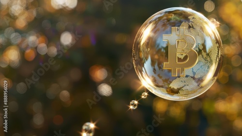 bitcoin floating in the air in a big bubble for risky investments or danger of crypto currencies trading and bubble crisis crash bear market as wide banner with copyspace area