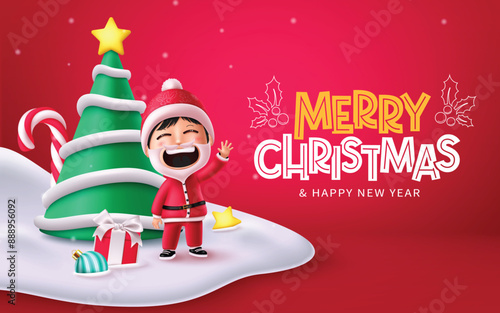 Merry christmas greetings vector design. Christmas greeting text with santa claus kid character standing and waiving in snow winter red background. Vector illustration holiday season card design.
