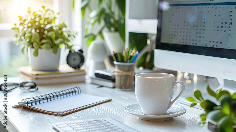 Modern workspace with a computer, coffee cup, and plants, creating a productive and serene office environment. Modern workspace with a computer, coffee cup, and plants, creating a productive and serene office environment.