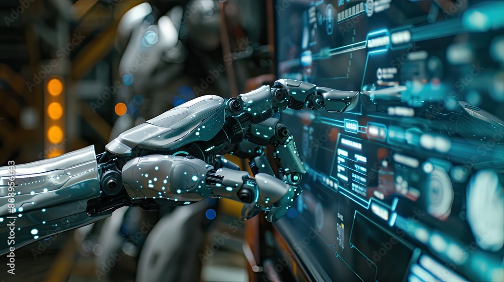 A futuristic robotic hand interacting with a high-tech touchscreen interface, showcasing advanced technology and artificial intelligence in a modern setting A futuristic robotic hand interacting with a high-tech touchscreen interface, showcasing advanced technology and artificial intelligence in a modern setting