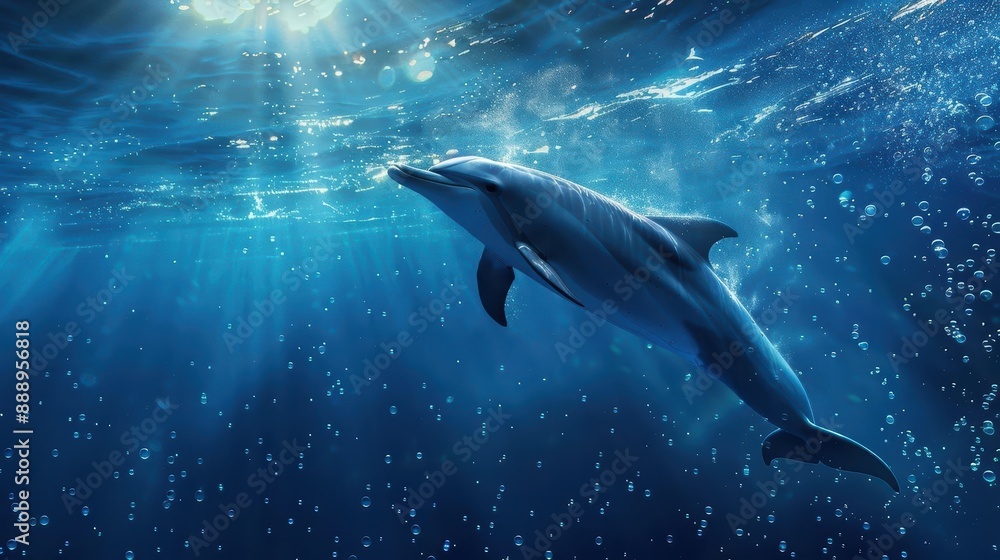 Naklejka premium dolphin or Delphinidae swimming underwater under sea life with bubbles and sunbeams in blue deep water, sealife wide banner poster with copyspace
